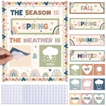 Boho Season and Weather Calendar Bulletin Board Season Calendar Posters with Weather Cards Hook and Loop Dots for Classroom Bulletin Board Wall Decor Preschool Kindergarten Student Teacher Supplies - style: Boho