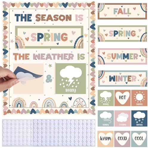 Boho Season and Weather Calendar Bulletin Board Season Calendar Posters with Weather Cards Hook and Loop Dots for Classroom Bulletin Board Wall Decor Preschool Kindergarten Student Teacher Supplies - style: Boho