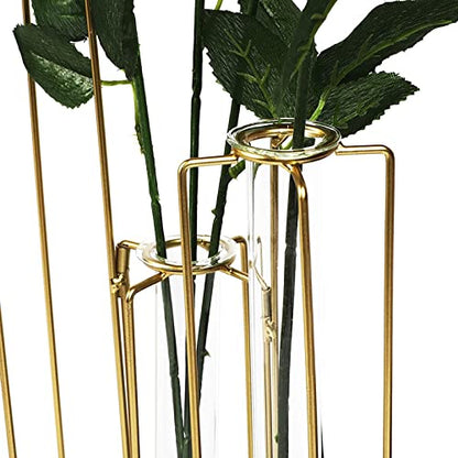 Juvale 6-Pack Metal Hinged Bud Vases Stand - 14 x 11.8 in, Gold, Modern - Lantern Centerpieces, Tulipiere & Flower Stick Holder with Metal & Glass Test Tube Floral Vases - size: 14 x 2 x 11.8 inches