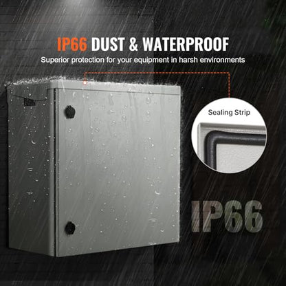 VEVOR Electrical Enclosure, 24'' x 24'' x 12'', NEMA 4 Outdoor Enclosure, IP65 Waterproof & Dustproof Cold-Rolled Carbon Steel Hinged Junction Box for Outdoor Indoor Use, with Rain Hood - size: 24'' x 24'' x 12''