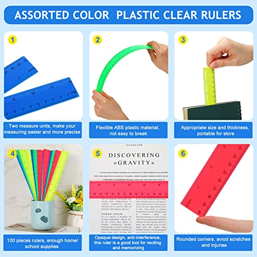 100 Pcs 12 Inch Rulers Bulk Plastic Kid Ruler for Back to School Supplies