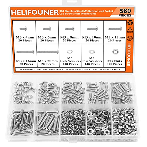 HELIFOUNER 560 Pieces M3 x 4mm /6mm /8mm /10mm /12mm /16mm /20mm, Button Head Socket Cap Screws Bolts Washers Nuts Kit, 304 Stainless Steel - size: M3, style: Button Head Socket Cap