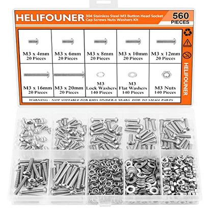 HELIFOUNER 560 Pieces M3 x 4mm /6mm /8mm /10mm /12mm /16mm /20mm, Button Head Socket Cap Screws Bolts Washers Nuts Kit, 304 Stainless Steel - size: M3, style: Button Head Socket Cap