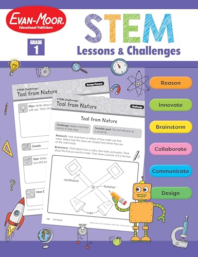 Evan-Moor Stem Lessons and Challenges, Grade 1 Homeschooling & Classroom Resource Workbook, Life, Earth and Physical Science Problem Solving, Peer Collaboration, Real-World, Visual Literacy, Printable
