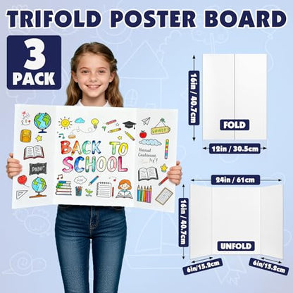 3 Pack White Trifold Poster Board, 16in x 24in Corrugated Project Board - size: 16''x24''-3P
