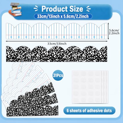 72ft Composition Notebook Bulletin Board Borders Lined Paper Scalloped Border Trim Black and White Composition Notebook Classroom Decor for Back to School Party Home Office Chalkboard Wall Decor - style: Composition Notebook