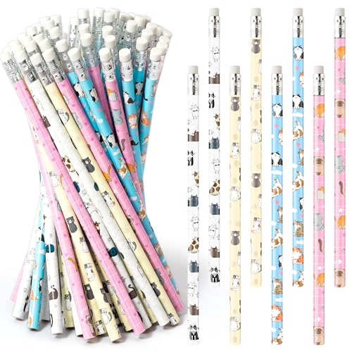 Xqumoi 60Pcs Cat Pencils with Erasers - Kawaii Cat Themed #2 HB Wooden Cute Pencils in Bulk Birthday Party Favors Classroom Student Rewards Goodie Bag Fillers Stuffers Back to School Gift - style: Cat
