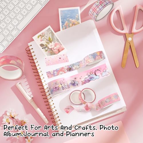 9 Rolls Gold Floral Washi Tape Set,Gold Foil Pink Floral Pattern Decorative Tape,Butterfly Star Decorative Masking Tapes for DIY Scrapbook Design Journaling Handbook Making Card Wrap Craft Gift - style: Pink flowers