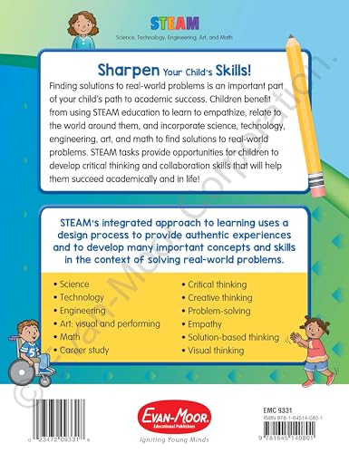 Evan-Moor Skill Sharpeners STEAM Workbook, Grade 1, Science, Technology, Engineering, Art, Math, Hands On Activities, Helping Others, Collaboration, Solve Real World Problems, Puzzles, Homeschool