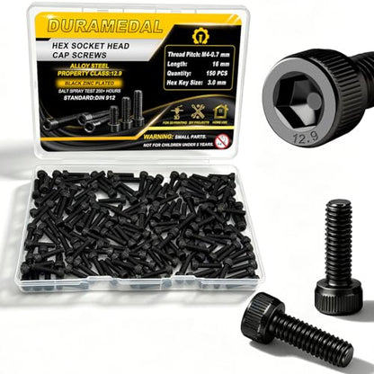 150pcs M4x16mm Screws Hex Socket Cap 12.9 Steel Black Zinc Full Thread - size: M4*16mm 150pcs