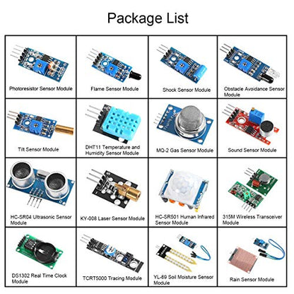 16 in 1 Project Super Starter Kits Sensor Modules Kit for Arduino Raspberry for UNO R3 Mega2560 Mega328 Nano Raspberry Pi 3 2 Model B K62 (16 in 1) - color: 16 in 1
