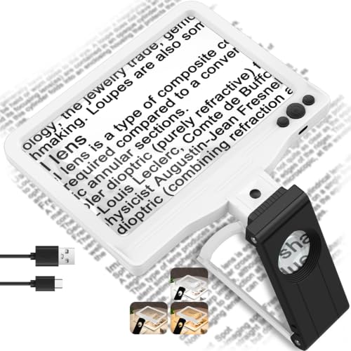 30X 6X Rechargeable Magnifying Glass for Reading, Large Full Page Magnifier with Folding Stand, 3 Color Light Modes, Dimmable LED Lighted, Hands Free Book Magnifier for Low Vision Seniors, White-Black - color: White-black