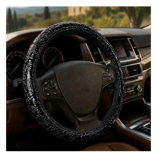 15" Leather Car Steering Wheel Cover (Black) - color: Black