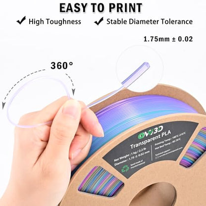 OVV3D Transparent Rainbow PLA Filament 1.75mm, Multicolor Blue Purple Yellow Translucent 3D Printer Filament, Clear PLA Gradient Color Change, Spool 1KG, +/- 0.02 mm, Fit Most FDM 3D Printers - color: Translucent Blue Purple Yellow