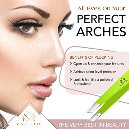 Majestic Bombay Precision Tweezers Set, Fine Point, Slant, Women and Men - color: Green