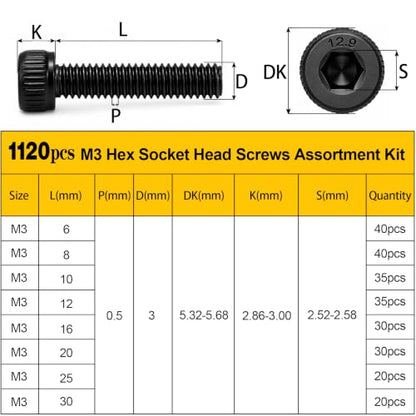1120PCS M3 Socket Screws Assortment Kit,M3x6/8/10/12/16/20/25/30 mm - size: M3 1120pcs
