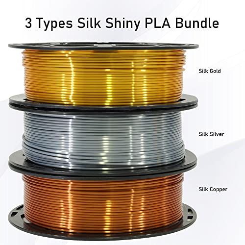 Shiny Silk Gold Silver Copper PLA Filament Bundle, 1.75mm 3D Printer Filament, Each Spool 0.5kg, 3 Spools Pack, with One 3D Printer Remove or Stick Tool MIKA3D - color: Gold+silver+copper