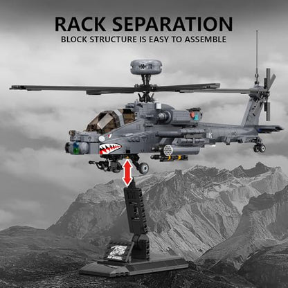 MISINI M8023 AH-64 Apache Longbow Attack Helicopter Building Blocks Set, 1383 Pieces of Military Army Armed Helicopter Building Block Kit, 1:35 Scale, Adult Collection Display Toy Gift Model Airplane
