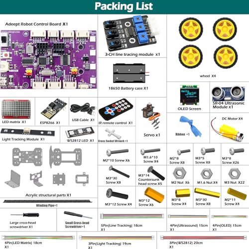 Adeept 4WD Smart Car Kit(Compatible with Arduino IDE), Line Tracking, Light Tracing, Obstacle Avoidance, Servo Motor, OLED Display, Buzzer, LED Dot Matrix Display - style: Ordinary Wheels