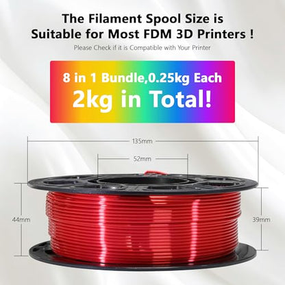 1.75mm Silk PLA 3D Printer Filament Bundle, 8 Silk Shiny Colors: Gold/Silver/Copper/Bronze/Black/White/Red/Blue, Each Spool 250g, 8 Spools, Total 2Kg 3D Printing Material, 250g x 8 Spools - color: 8 Colors Bundle: Gold/Silver/Copper/Bronze/Black/White/Red