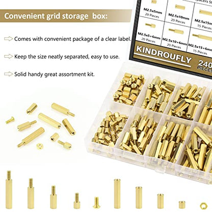 240 Pieces M2.5 Male Female Hex Brass Standoffs Spacers Screws Nuts Kit, Kindroufly Brass Standoffs Assortment Kit for PCB Motherboard - size: M2.5 Brass Standoffs