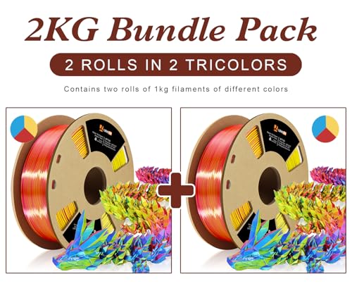 LOVOON Silk PLA 3D Printing Filament Bundle 2KG, PLA Filament 1.75mm Shiny Tricolor Change by Angle 3D Printer Filament Pack, Get 2 Spools of Silk Blue/Yellow/Red, 1KG X 2 Spools - color: 3colors Silk Blue/Yellow/Red, size: 2 kg