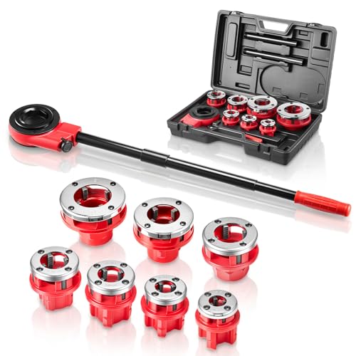 VEVOR Ratchet Pipe Threader Kit with 7 Dies, 3/8" NPT to 2" NPT Manual Ratcheting Pipe Threading Tool, Portable Pipes Threader Set with Toolbox for Plumbing Installation & Repair - size: 3/8" - 2"