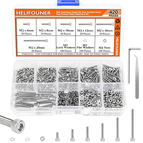 HELIFOUNER 420 Pieces M2 x 6mm /8mm /10mm /12mm /16mm /20mm, Hex Socket Head Cap Metric Screws Bolts Washers Nuts Kit, 304 Stainless Steel - size: M2
