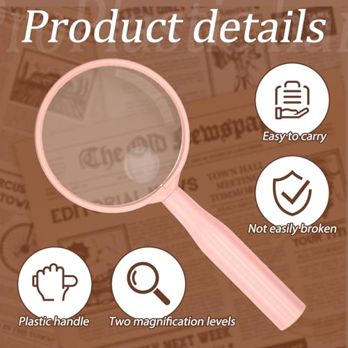 Handheld Reading Magnifier, 10X Large Magnifying Glass 3 Inch Shatterproof Lens with Non-Slip Handle for Seniors Reading, Close Work, Nature Exploration, Hobby Observation, Pink