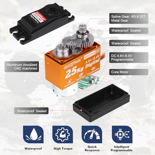 HobbyPark Waterproof Standard 25KG 55g Servo Metal Gear Digital Servo for RC Cars Crawlers Trucks Buggy Airplanes Boats Robotics Project Arduino, Control Angle 180° HV Programmable (Core Motor)