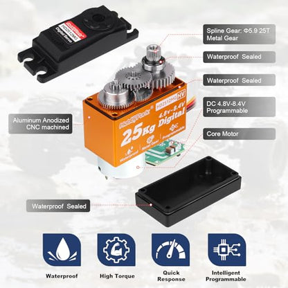 HobbyPark Waterproof Standard 25KG 55g Servo Metal Gear Digital Servo for RC Cars Crawlers Trucks Buggy Airplanes Boats Robotics Project Arduino, Control Angle 180° HV Programmable (Core Motor)