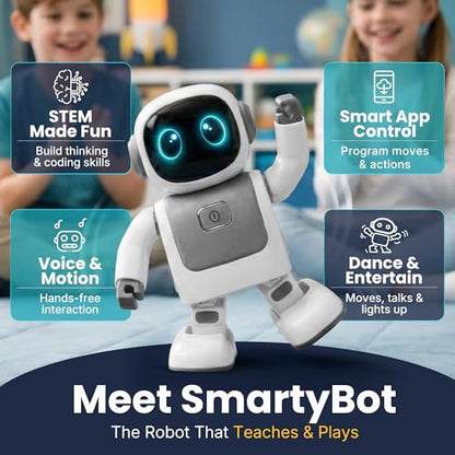 SmartyBot Smart Robot Toy for Kids - Interactive Remote Control Robot with App, Programmable Moves, 7 Customizable LED Eye Colors, Reacts to Music, STEM Learning Toy for Boys & Girls Ages 4 5 6 7 8 9