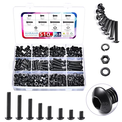 510Pcs M6 Button Head Hex Socket Screws Assortment Kit, 10.9 Grade Alloy Steel Black Galvanized, M6x10 to 35mm Bolts Nuts Washers Set for Automotive Motorcycle Household DIY Repair - color: Black-M6 Bolt 510Pcs