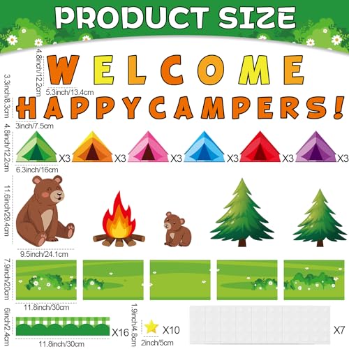 Camping Bulletin Board Set Welcome Happy Camper Back to School Classroom Decorations Summer Camping Tent DIY Photo Crafts Cutouts Plaid Bulletin Board Border for Woodland Party Wall Door Decor - style: Happy Camper