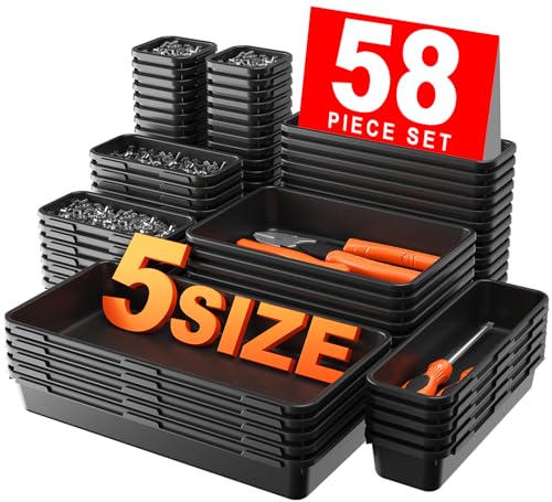 【𝟱𝟴𝗣𝗰𝘀】【5 Size】A-LUGEI Tool Box Organizer Tray Divider Set, 【Black】 Desk Drawer Organizer, Garage Organization and Storage Toolbox Accessories Rolling Tool Chest Cart Cabinet WorkBench Small Part - size: 58pcs-5 Size