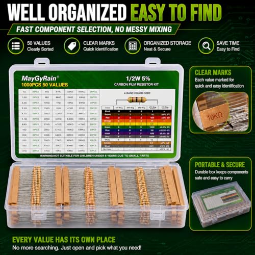Carbon Film Resistor Kit, 50 Values 1/4W 5% Tolerance Resistors Assortment,0-10M Ohm Through Hole Resistors with Storage Box for Arduino,DIY Electronics Circuit Repair (1/2WJ-50V-500PCS, Carbon) - style: 1/2WJ-50V-500PCS