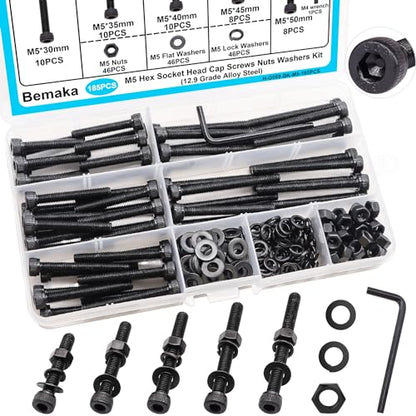 185PCS Black M5 Hex Socket Head Cap Screws, M5 x 30/35/40/45/50mm Metric Screws Bolts Nuts Washers Assortment Kit with Hex Wrench, 12.9 Grade Alloy Steel - color: BK-M5 x 30-50mm/
