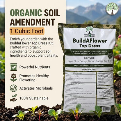 BuildASoil Build-A-Flower - Organic Top Soil Amendment – Top Dress Kit for Flowering Plants | Compost, Phosphorus & Potassium | 1 Cubic Foot Bag of Soil - size: 7.48 gallon