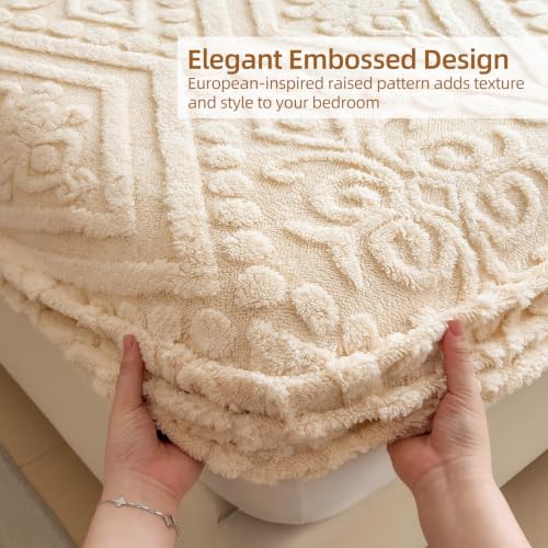 European Damask Embossed Plush Fitted Sheet,King,Off-White,80x78inch - color: Off-white, size: King(80"x78")