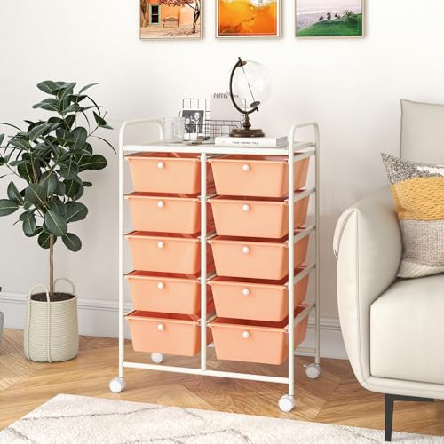 COSTWAY 10 Drawer Rolling Storage Cart, Utility Cart with Lockable Wheels - color: Peach, size: 10 Drawer