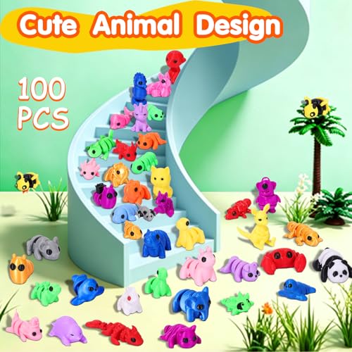 Mini 3D Printed Animal Figurines: 100 Pcs Cute Party Favor Toys for Kids, Small 3D Fidget Toys in Bulk, Party Bag Fillers, Treasure Box & Classroom Prize, Christmas Stocking Stuffers for Toddlers