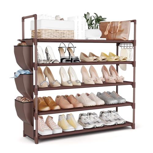 VILICK Shoe Rack for Closet Shoe Organizer Space Saver Storage for 20-25 Pair Shoe Shelf with Hook and Side Pocket Free Standing 5 Tier Shoe Rack Organizer for Entryway,Small Spaces, Brown - color: Brown, size: 33.5"W - 5 Tier