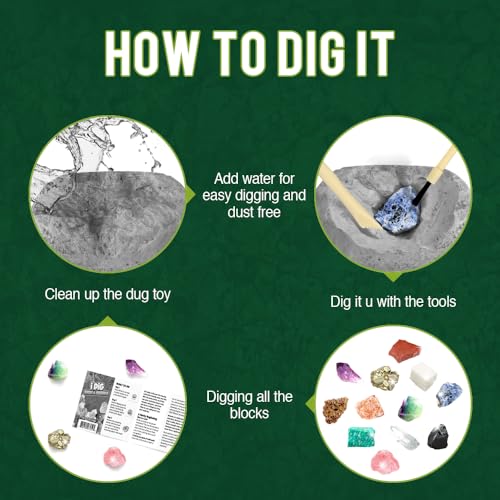 Rocks & Minerals Dig Kit - 12 Pack Real Gemstone Excavation Bricks, Crystals, Pyrite, Amethyst Archeology Digging Toys, STEM Educational Gift Box Party Favors for Kids Boys Girls Age 6+