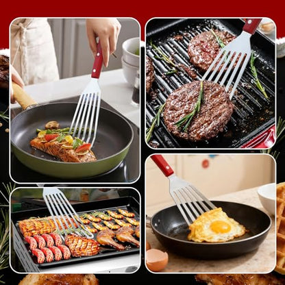 GRILLGEN Fish Spatula Stainless Steel -12.4" Metal Slotted Turner with Full Tang Red Handle, Ultra-Thin Flexible Fish Flipper for Cast Iron Skillet & Grilling, Flipping Eggs & Pancakes, Heavy Duty