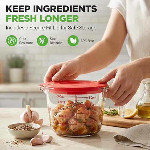 NutriChef 1,2 and 4 Cups Glass Measuring Cup Set with Lids (8, 17 and 34 oz) - Heat-Resistant Borosilicate Liquid Measure Cups with Easy-Read Scale for Cooking, Baking & Food Storage, Dishwasher Safe - size: 3 pc set with lids