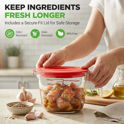 NutriChef 1,2 and 4 Cups Glass Measuring Cup Set with Lids (8, 17 and 34 oz) - Heat-Resistant Borosilicate Liquid Measure Cups with Easy-Read Scale for Cooking, Baking & Food Storage, Dishwasher Safe - size: 3 pc set with lids