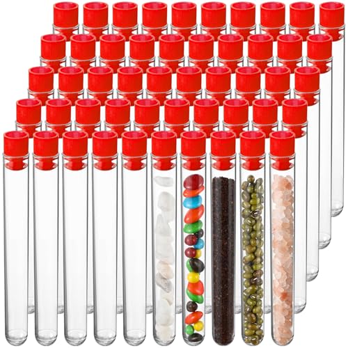 50 Pake 8 ml Clear Test Tubes with Caps 12x100mm Plastic Vials Test Tubes for Scientific Experiments Halloween Christmas Scientific Themed Birthday Party Supplies Candy Storage (Red) - color: Red