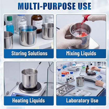 4 Pack 250ml Stainless Steel Beaker, Rolled Rim Laboratory
