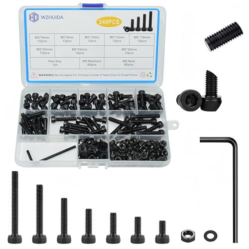 240 Pcs M5 Screws Assortment Kit, M5x6mm/8mm/10mm/12mm/16mm/20mm/25mm/30mm, Metric Hex Socket Head Cap Screws Nuts Washers Kit with Wrench, Black Zinc Plated - size: M5 240Pcs 6mm-30mm