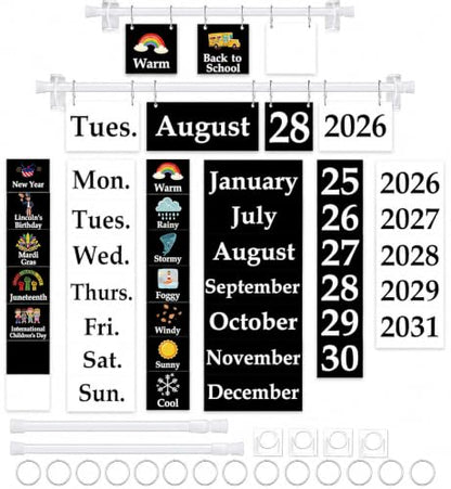 96 Cards Classroom Bulletin Board Decorations Set for Teachers,Flip Calendar with Holder for Classroom,Adjustable Calendar,Preschool Elementary Home Decor Supplies（Black and White） - style: Black and White